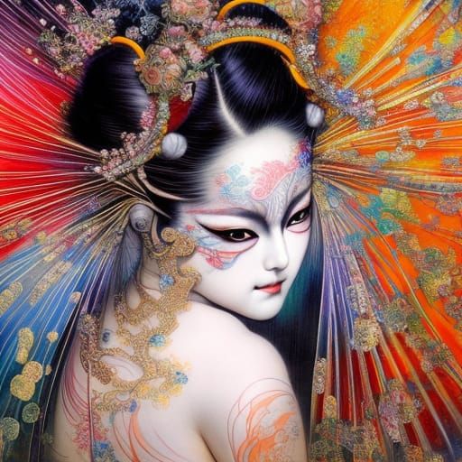 Hyperdetailed Kabuki Goddess Portrait in Reflective Colors