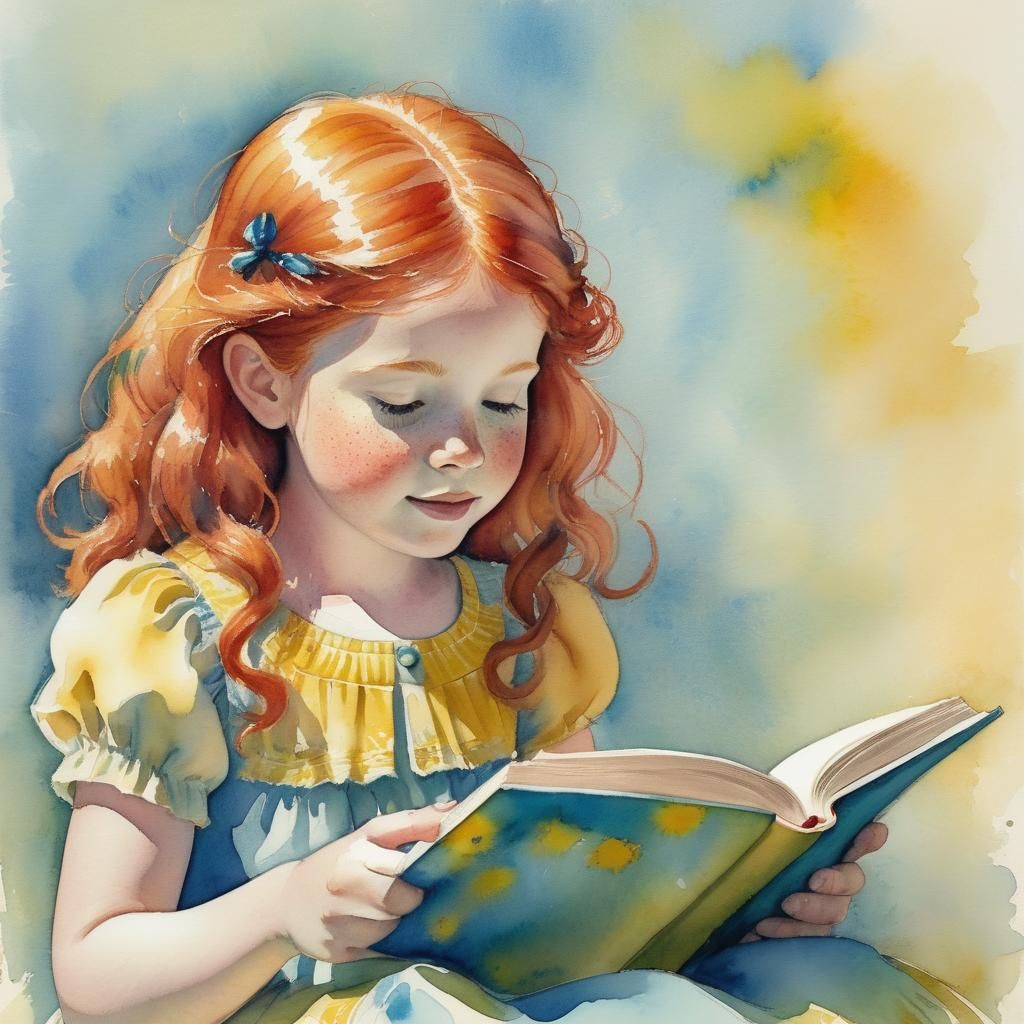 Red-Haired Girl Reading, Watercolor Crayon Art