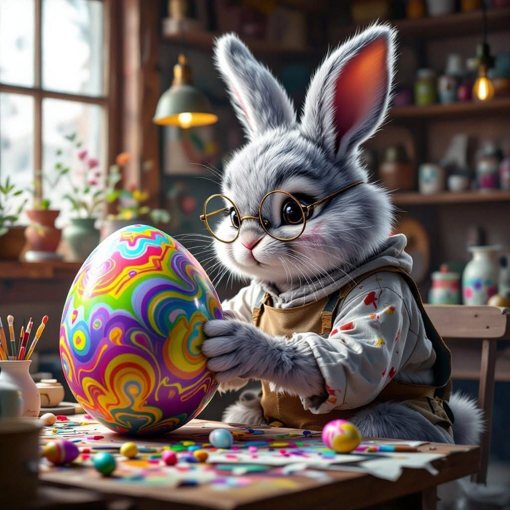 Futuristic Easter Bunny in Whimsical Workshop