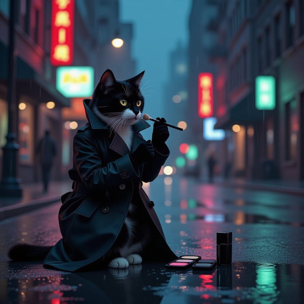 Sophisticated Cat Detective in Noir Cityscape