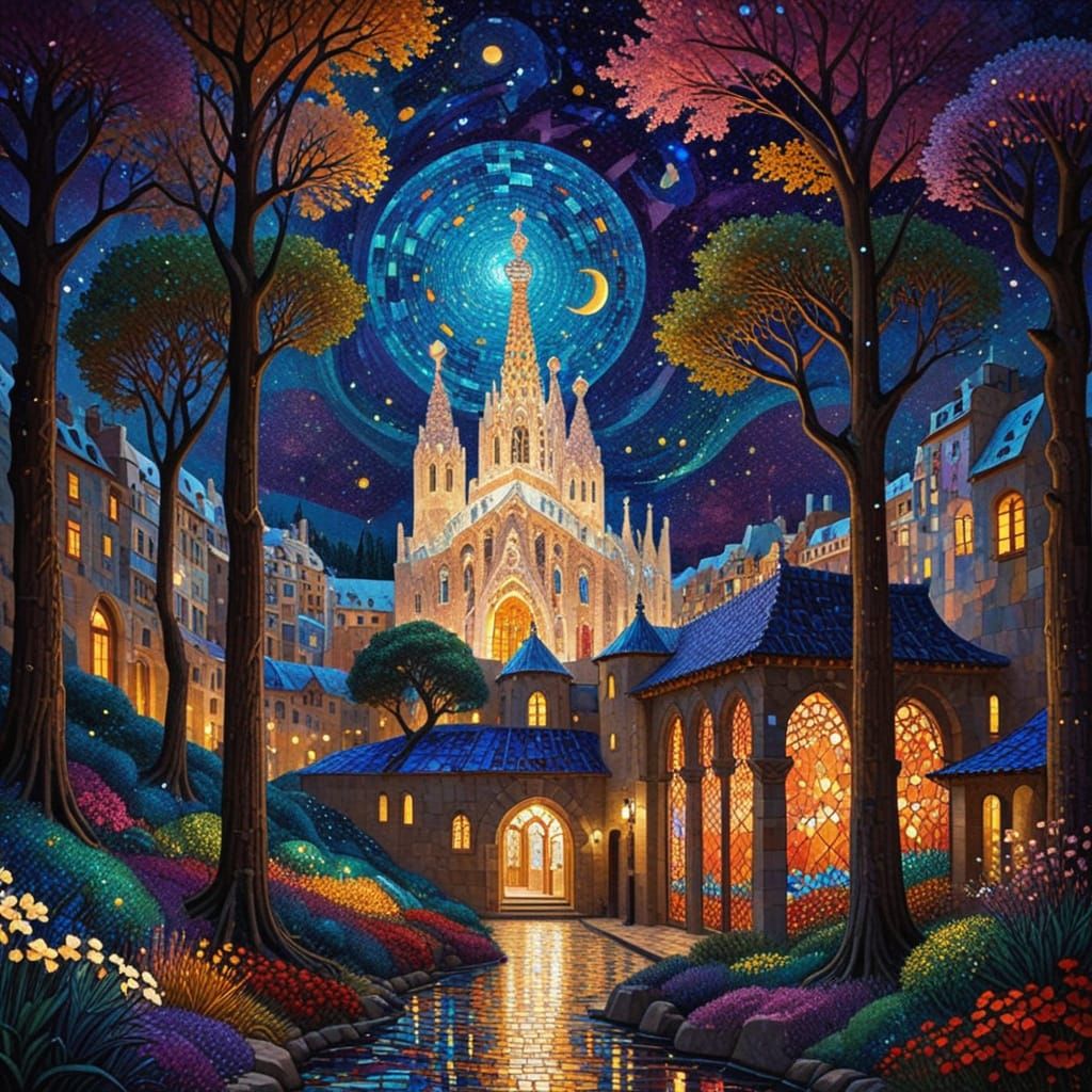 Iridescent Forest Palace Mosaic Art in Fauvist Style