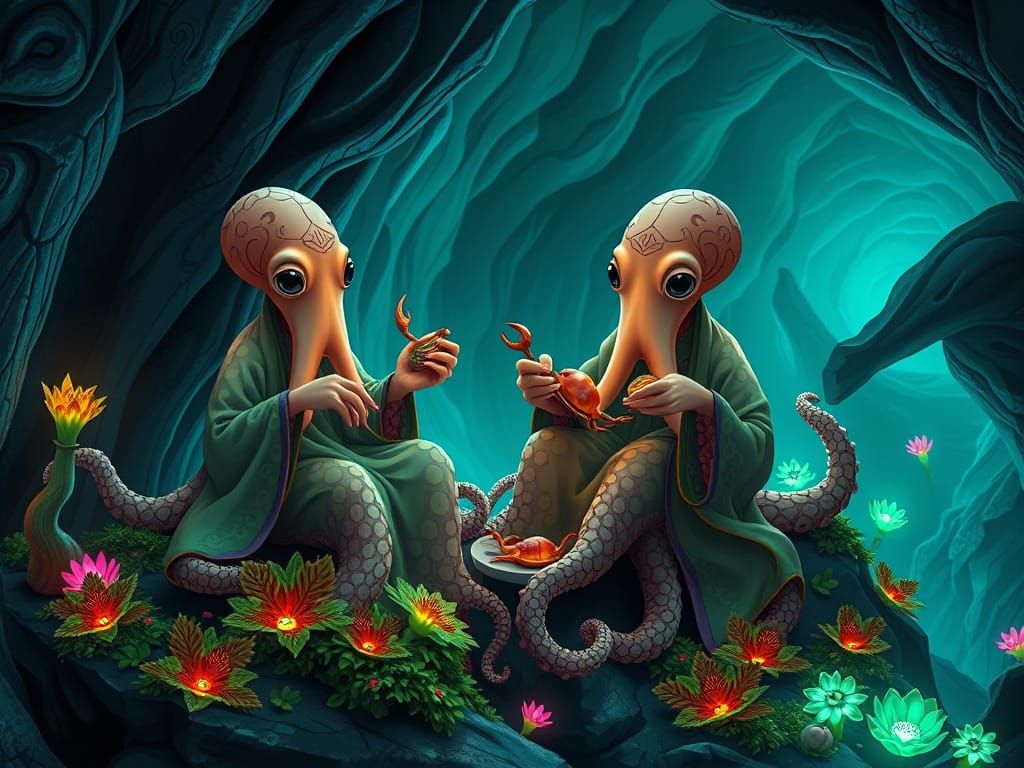 Octopus Feast Amidst Bioluminescent Flora