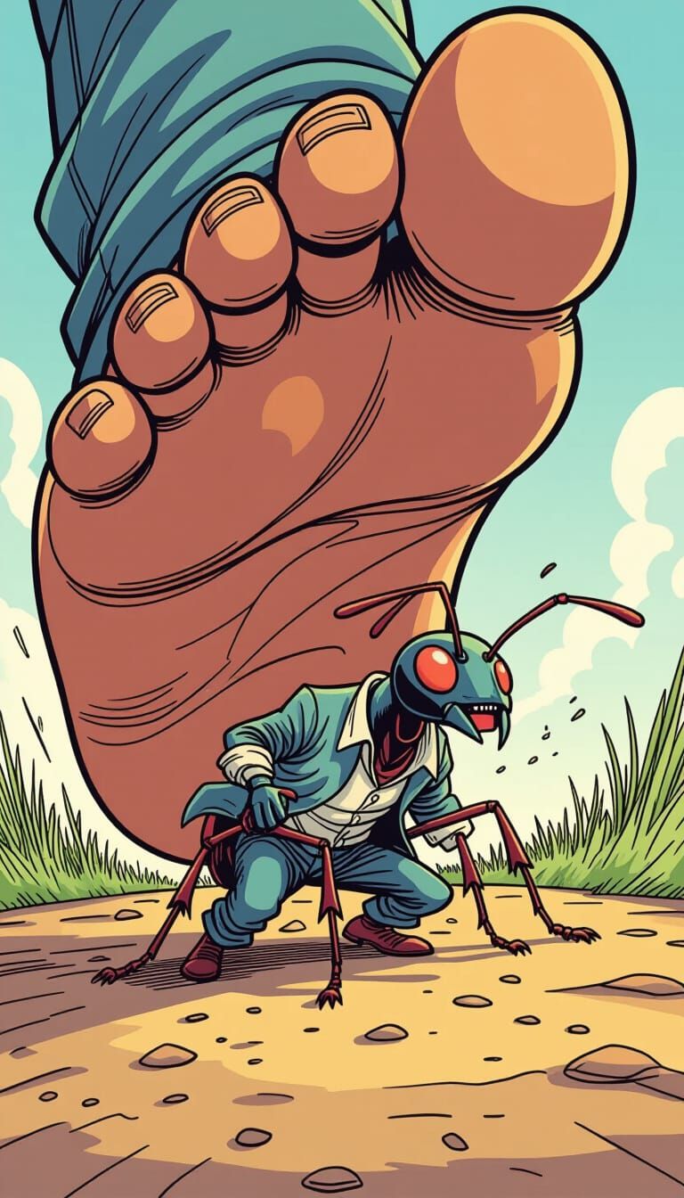 Terrified Ant Cowering from Giant Human Foot in Comic Style