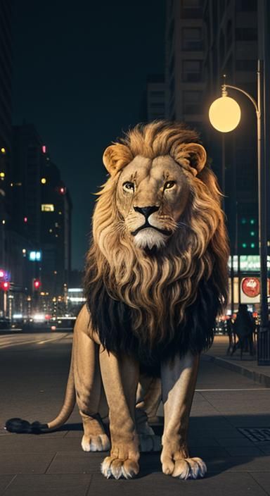 Lion Roams City Streets at Night