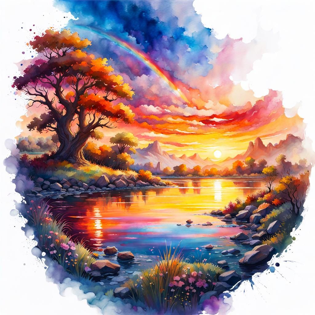 Summer Sunset Landscape in Watercolor Style