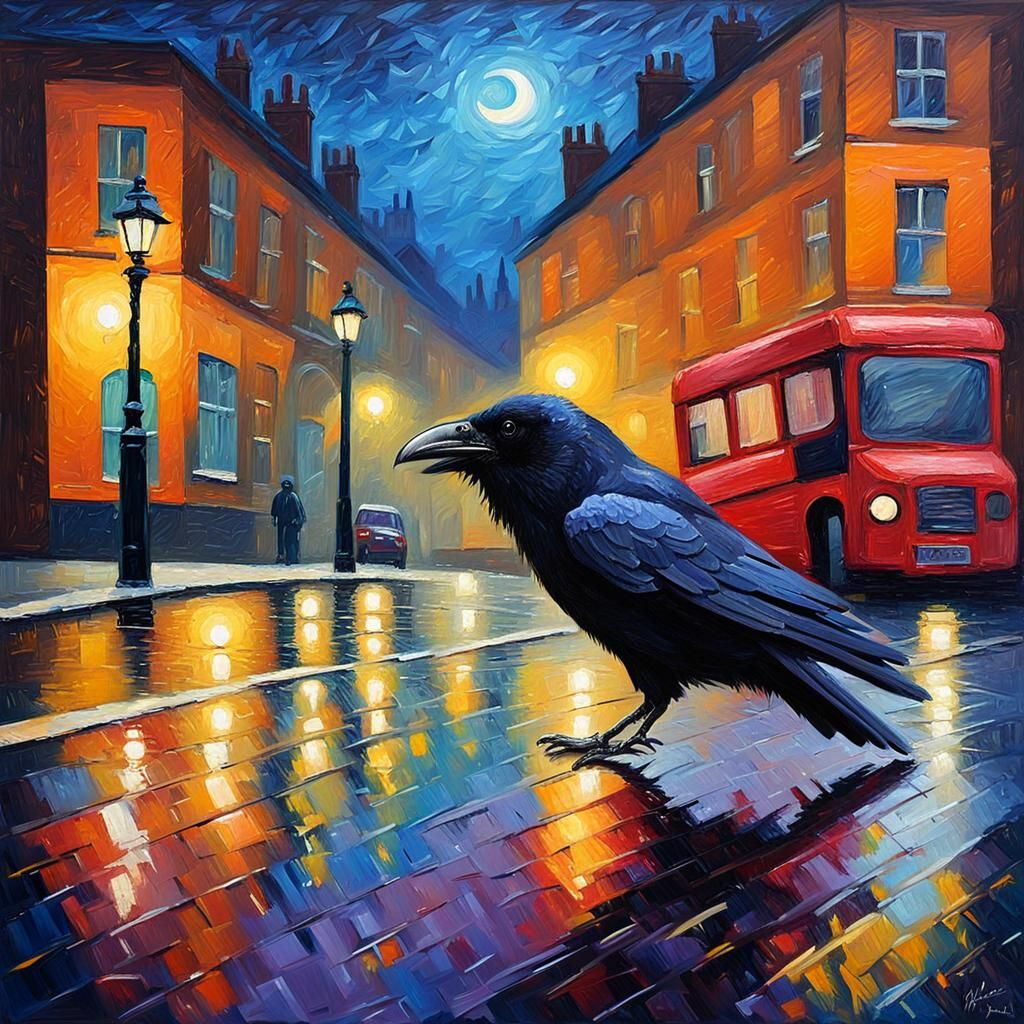 Raven Hunts Rat on Rainy London Street as Oil Painting