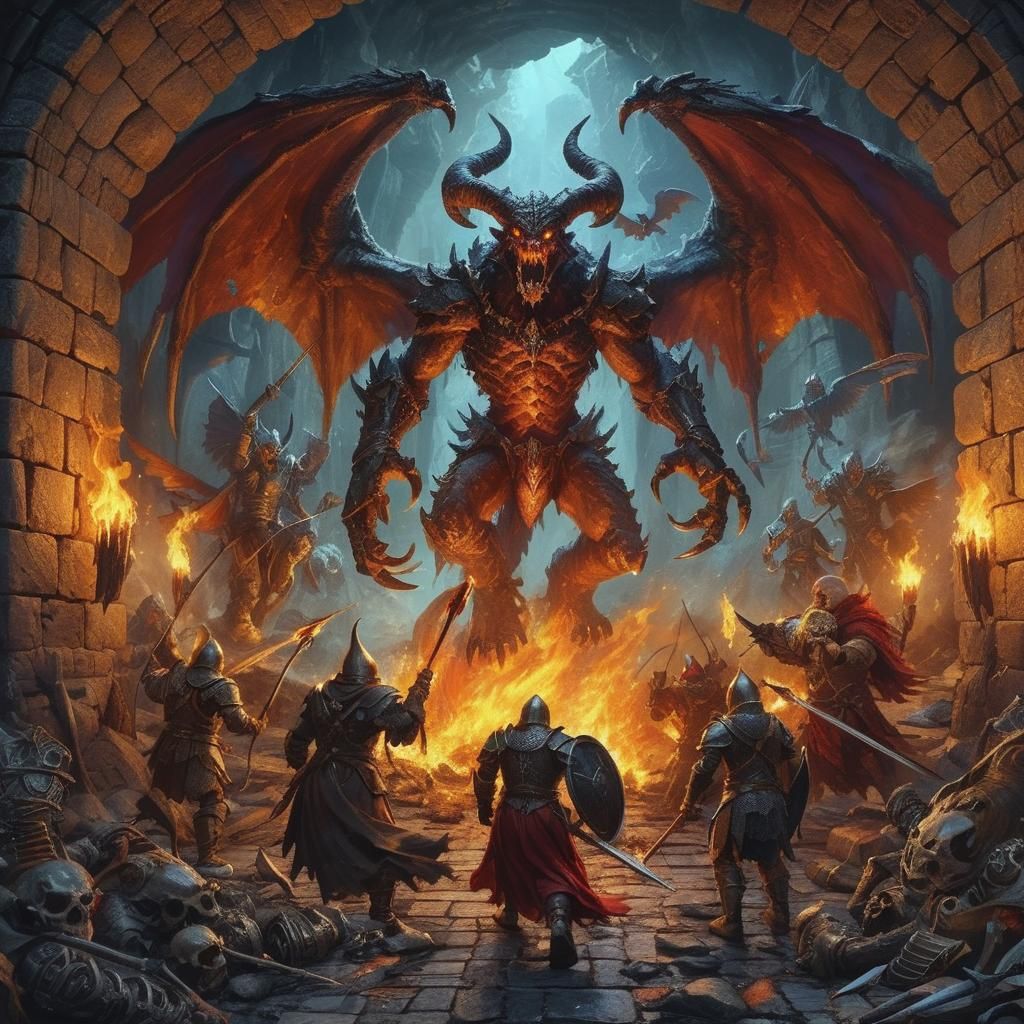 Demonic Balrog Confronts Armored Travelers in Stone Dungeon
