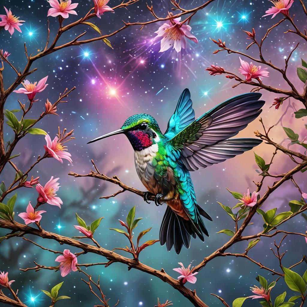 Hummingbird on Branch: Holographic Cosmic Illustration