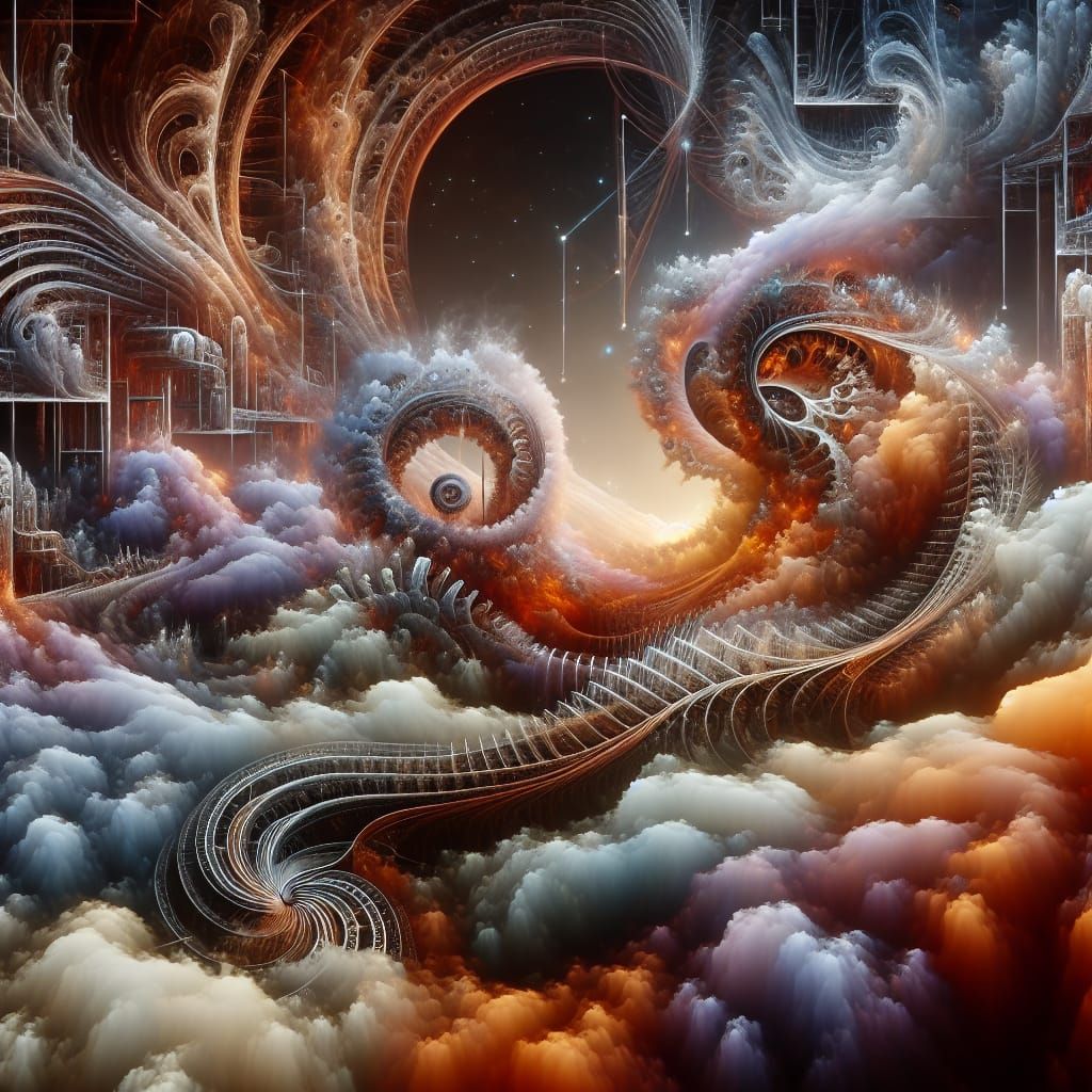 passive matrix LCD display of A surreal emotional landscape of intertwining serpentine paths and scaled surroundings, in...