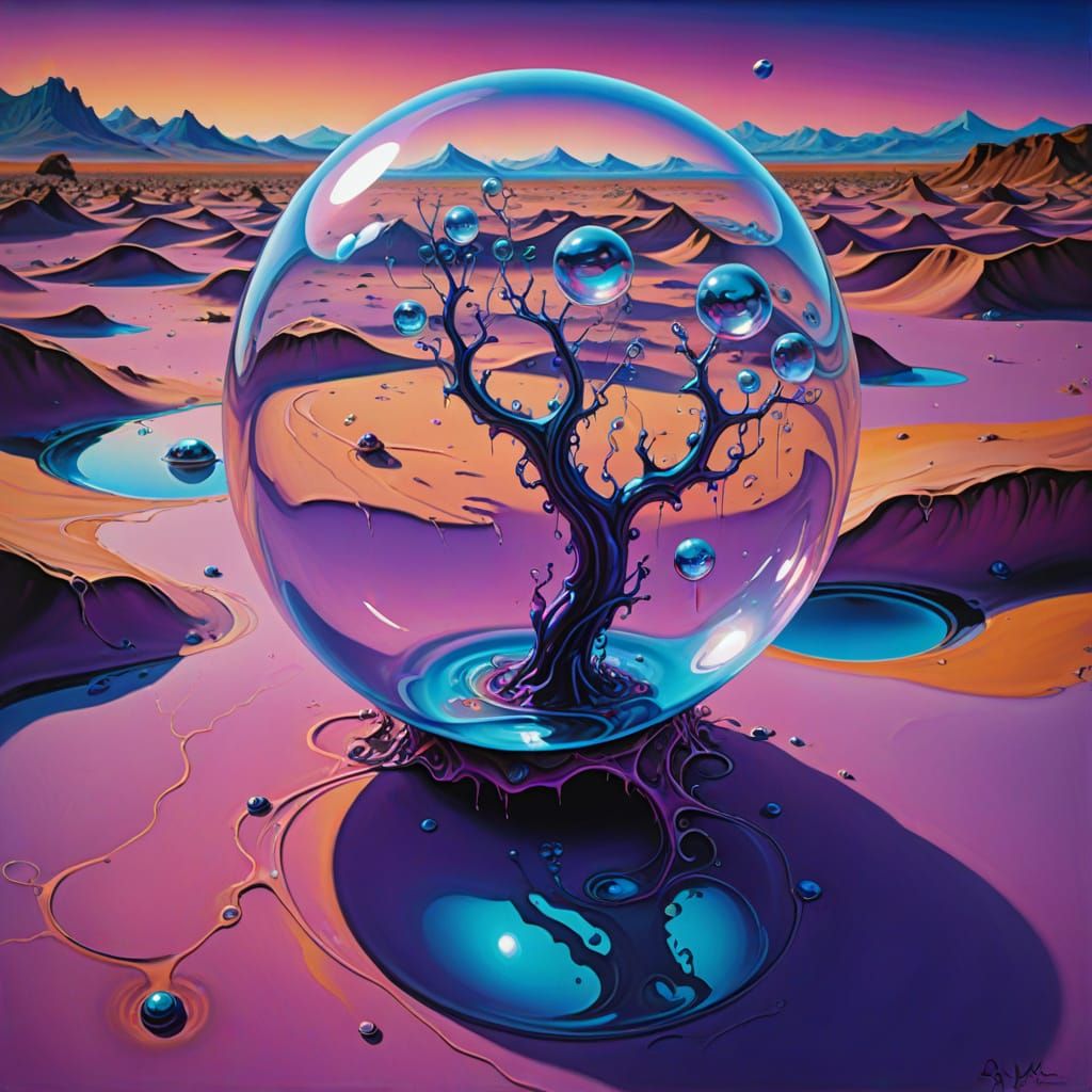 Fluorescent Bubble in Aquatic Desert, in Surrealist Style