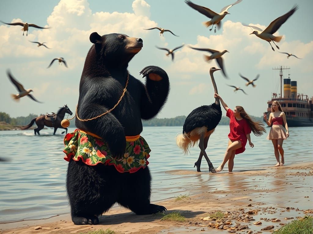 Surreal River Scene with Dancing Women in Photorealistic Sty...