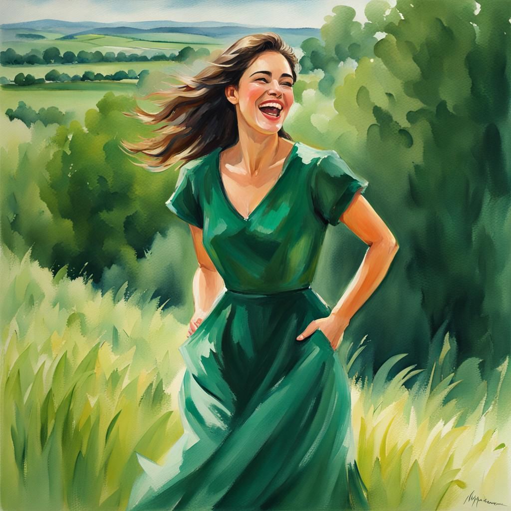 Happy Brunette in Green Dress, Gouache Impressionist Style