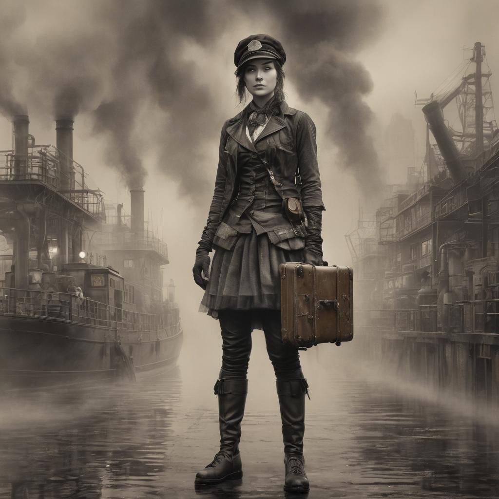 Steampunk Girl in Misty London: Charcoal Drawing