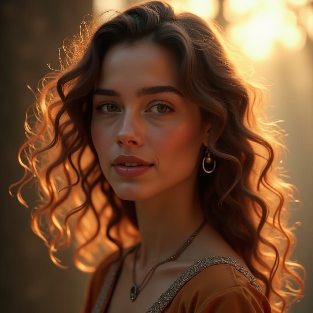 Portrait of a Young Woman with Curls in Matte Painting Style
