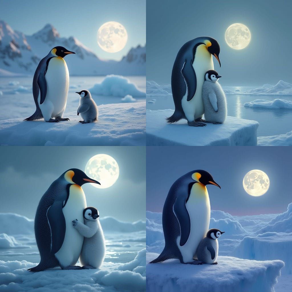 A Motherly Emperor Penguin Surveys the Glacier Under Full Mo...