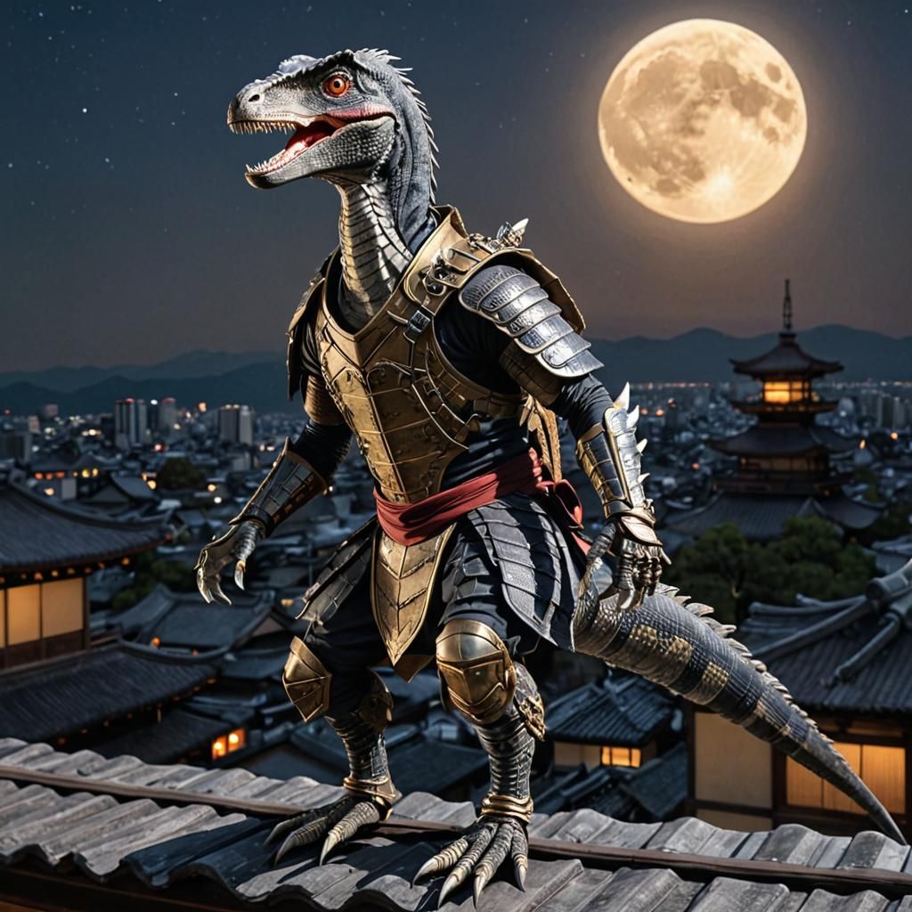 Velociraptor Ninja on Kyoto Rooftop in 3D