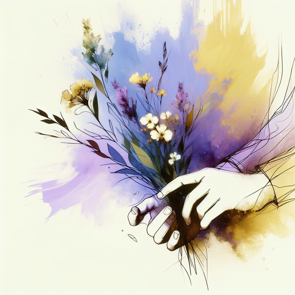 Minimalist Hands Holding Flowers: Ink Wash Drawing