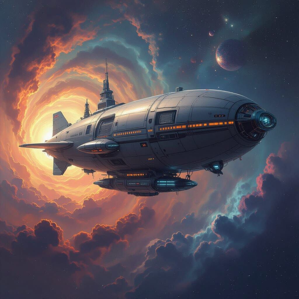 Metropolis Blimp Floating in Space: Retro-Futuristic Art