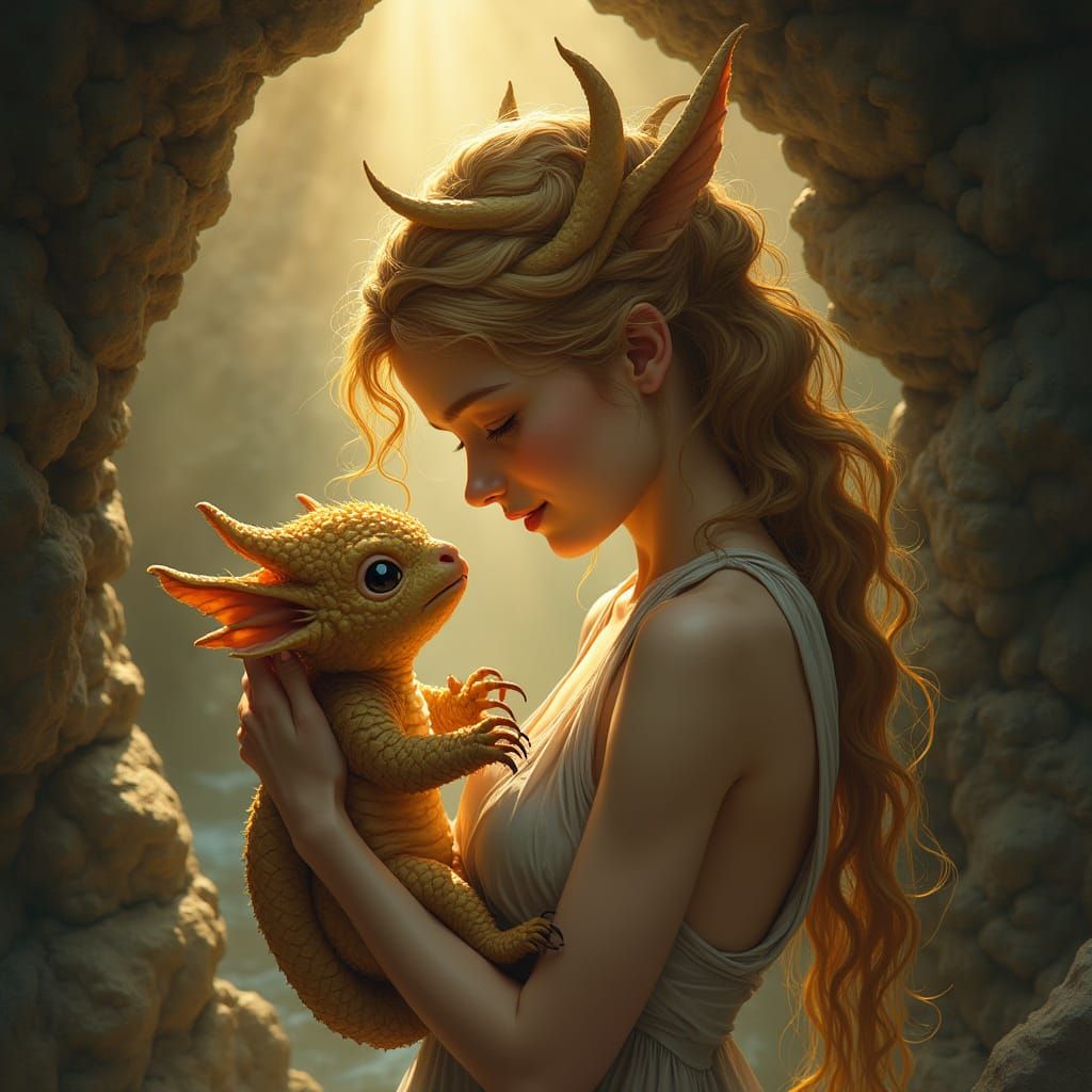 Greek Goddess Echidna Embracing Her Mythical Child in a Warm...