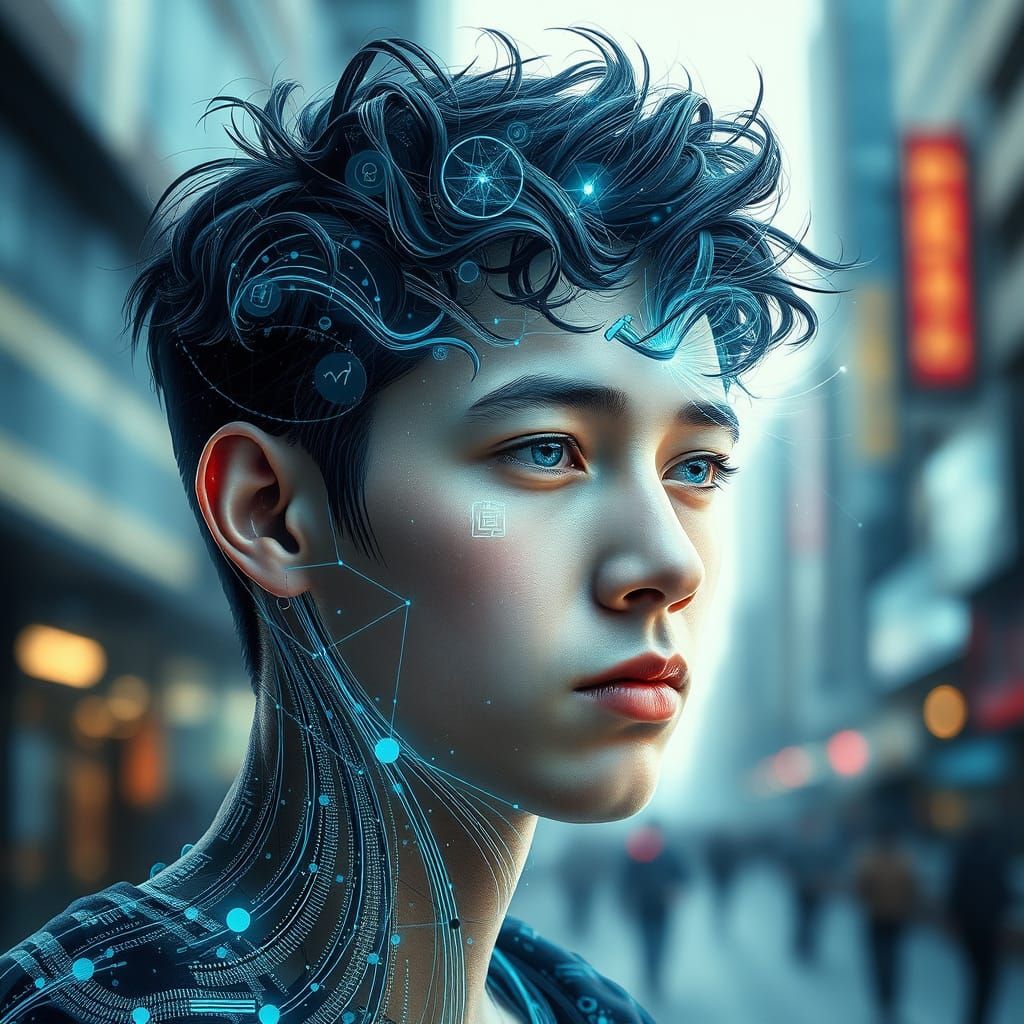 Holographic Man with QR Code in Cyber-Surrealism Style