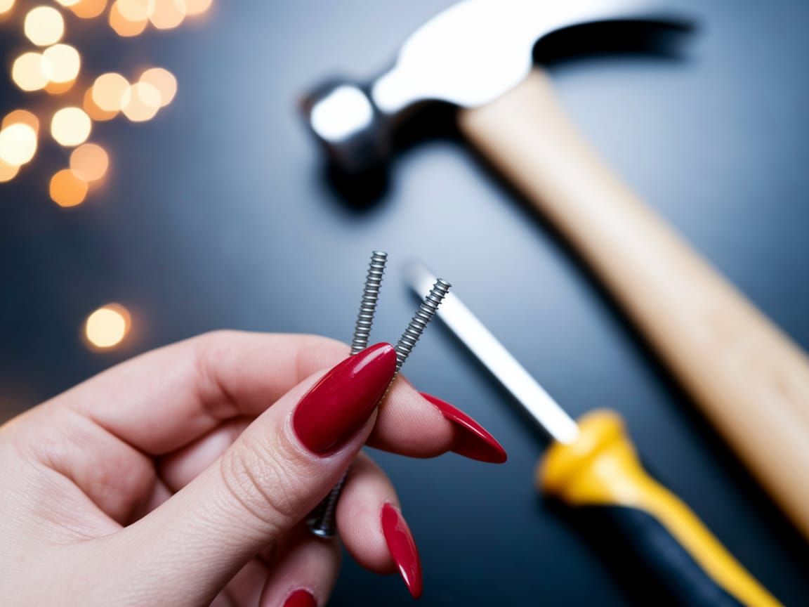 Woman's Hand With Long Red Nails Holds Screws Near Tools