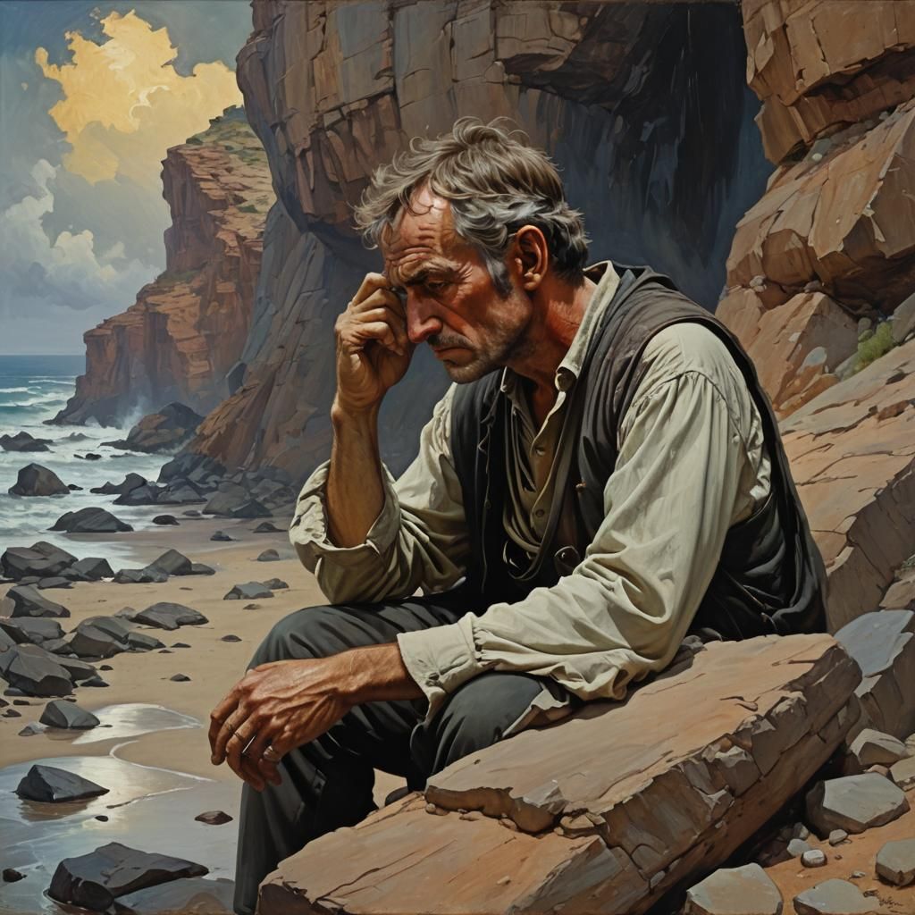 Man Contemplating Fate: Oil Painting