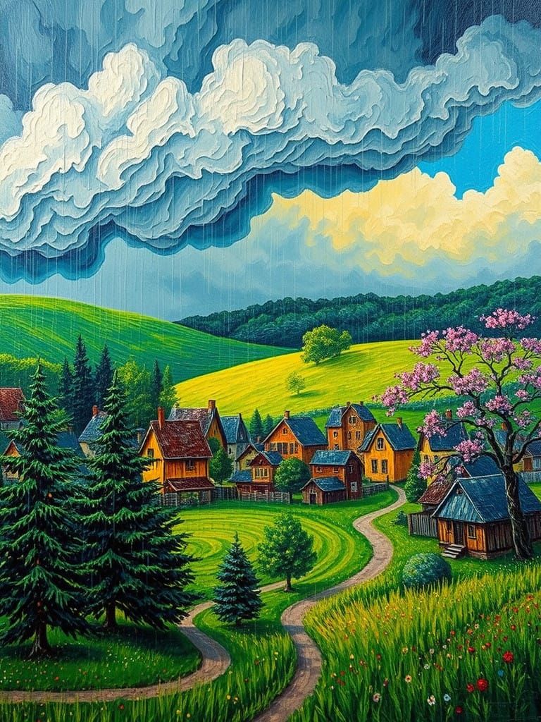 Vibrant Rainy Village Scene in Neo-Expressionist Style