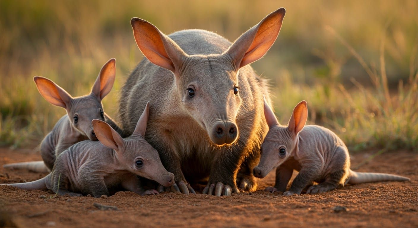 Aardvark Mother and Babies in African Savanna