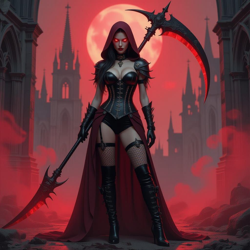Dark Fantasy Vampiress with Scythe in Eerie Mist