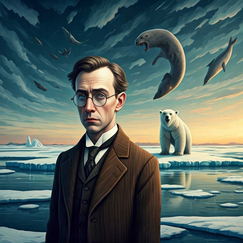 Melancholy Man on Melting Ice Cap, in Surrealist Style