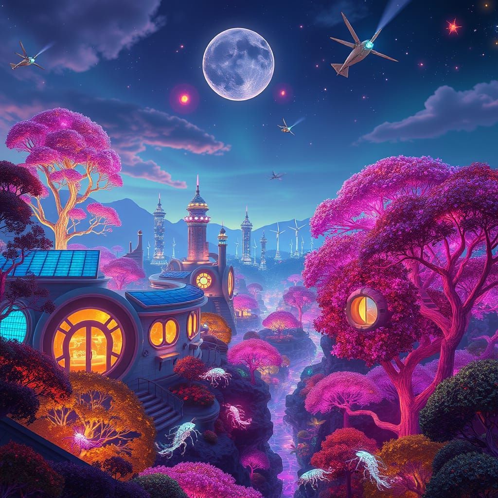 Surreal Solarpunk Metropolis with Rainbow Glowing Trees and ...