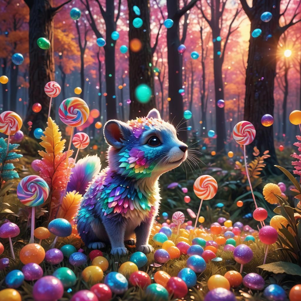 Whimsical Animal Catches Rainbow Candy: 3D Candy Art