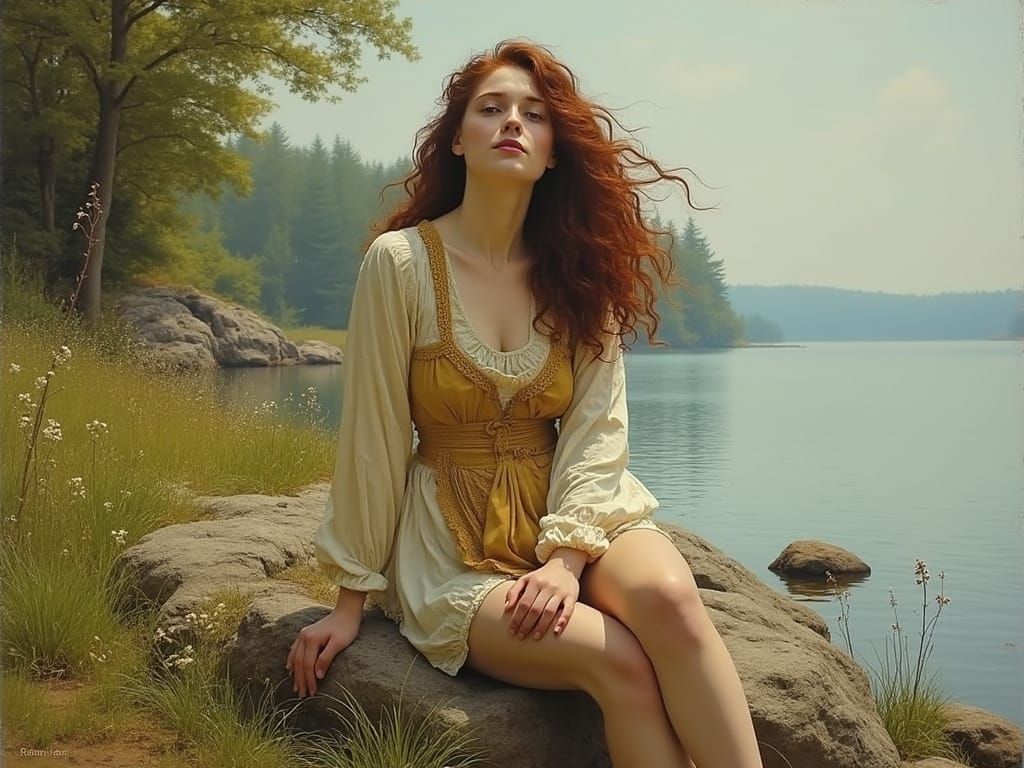 Victorian Woman at Misty Lake Dawn, Pre-Raphaelite Style