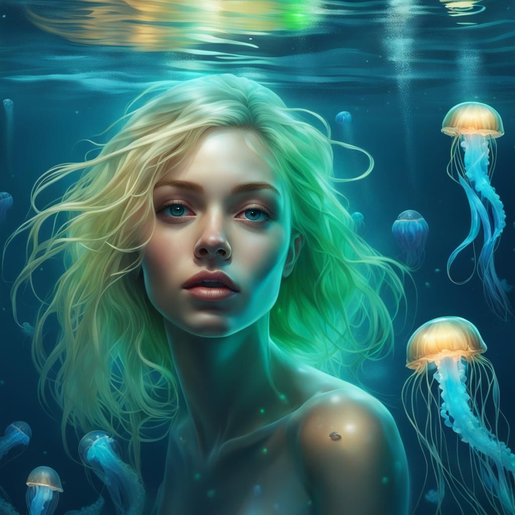 Girl with Jellyfish in Ocean: Photorealistic Image