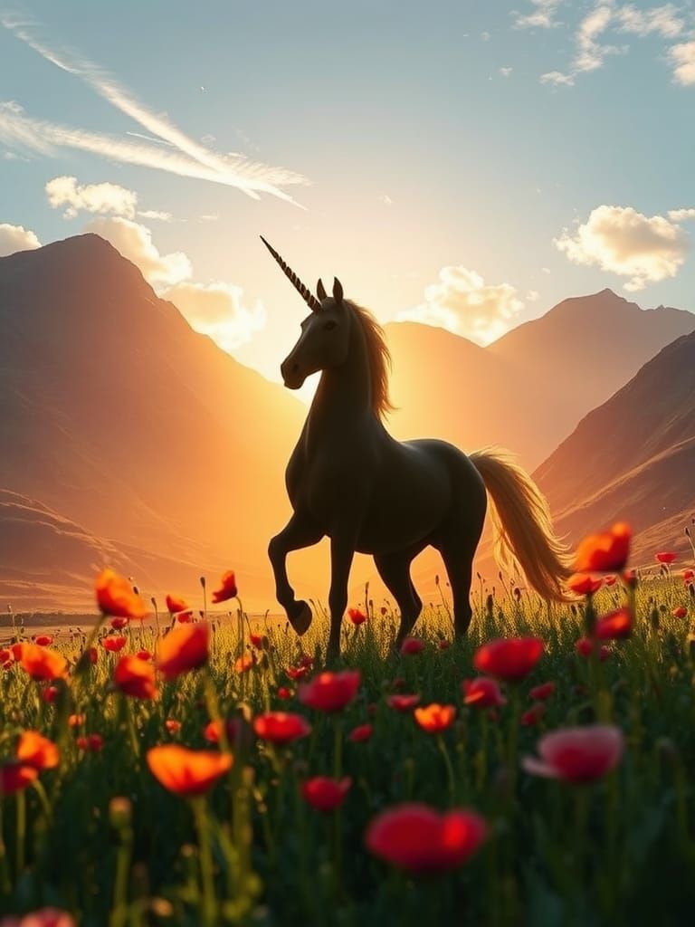 Unicorn Silhouette in Poppy Field with Golden Light