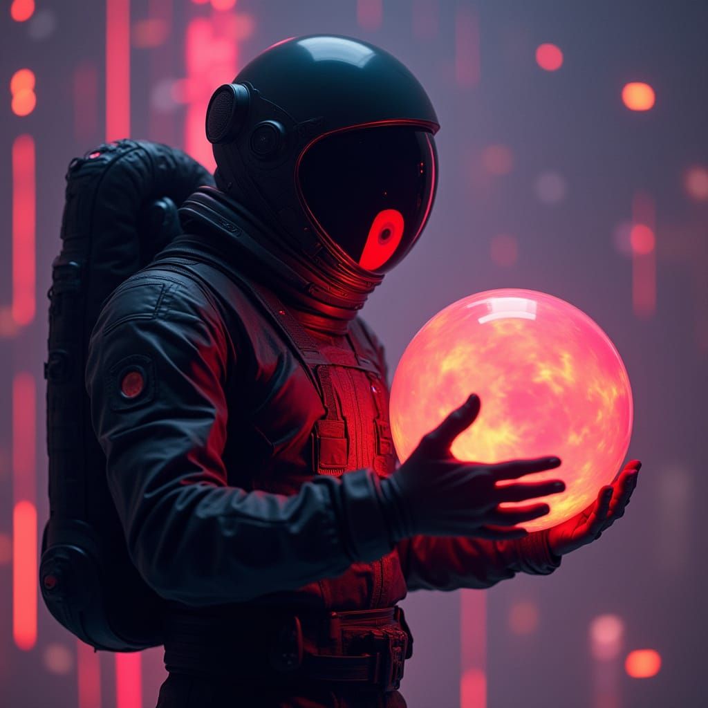 Astronaut Studies Glowing Sphere in Futuristic Style