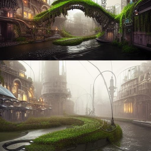 Steampunk City Reclaimed by Nature: Digital Matte Painting