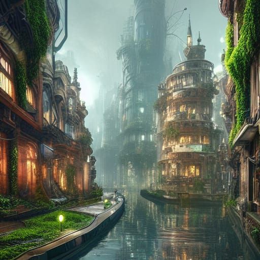 Steampunk City Canals Reclaimed by Nature