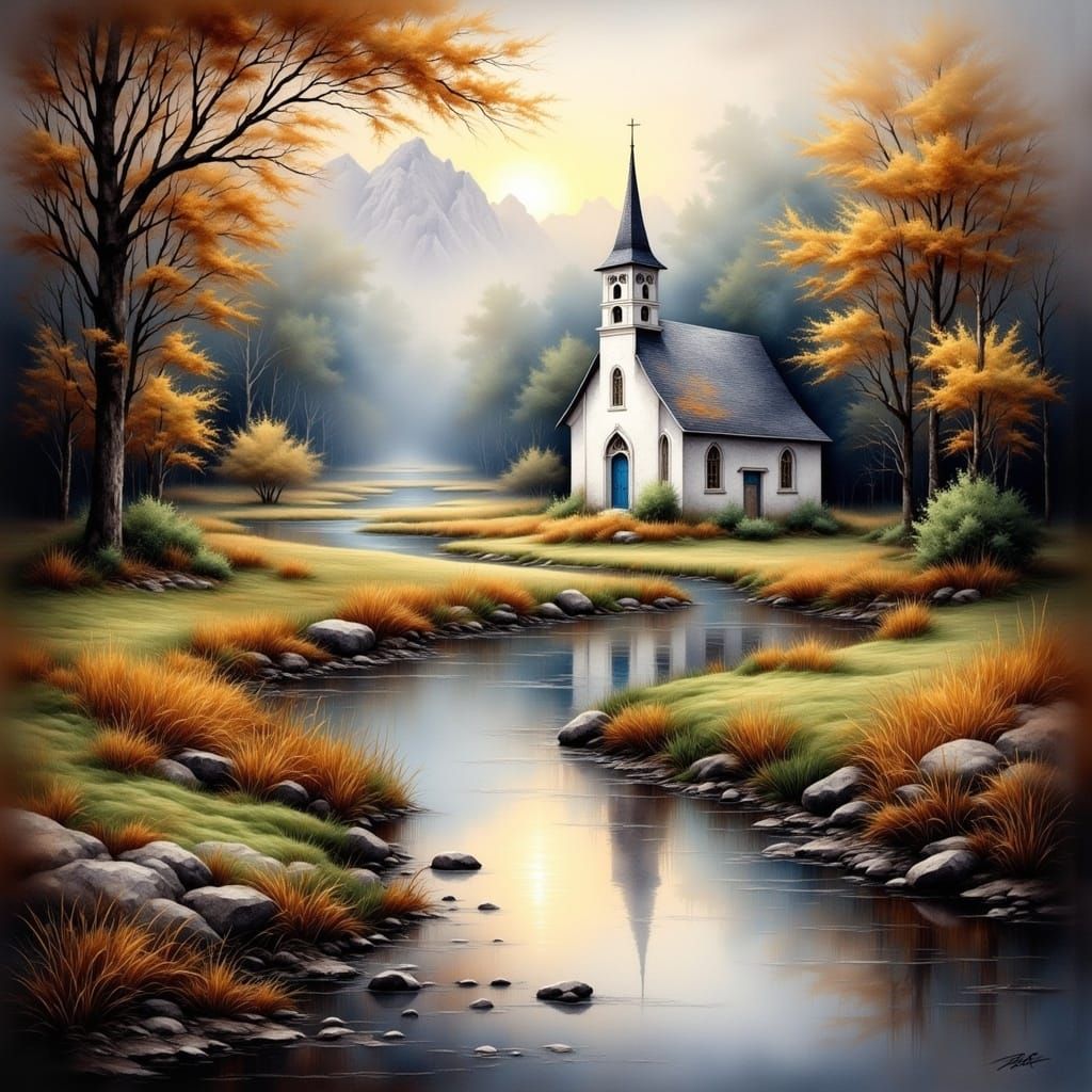 Church by a Serene River in Antique Watercolor Style
