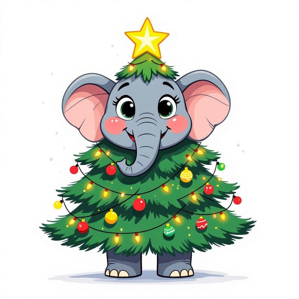 Smiling Elephant Christmas Tree Cartoon