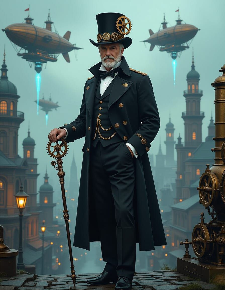 Steampunk Man with Cane in Cityscape