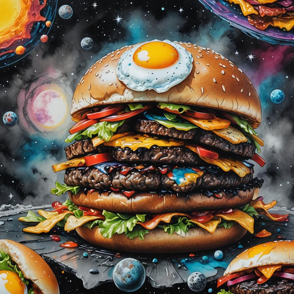 Space Hamburger Portrait with Fried Egg in Alcohol Ink Style