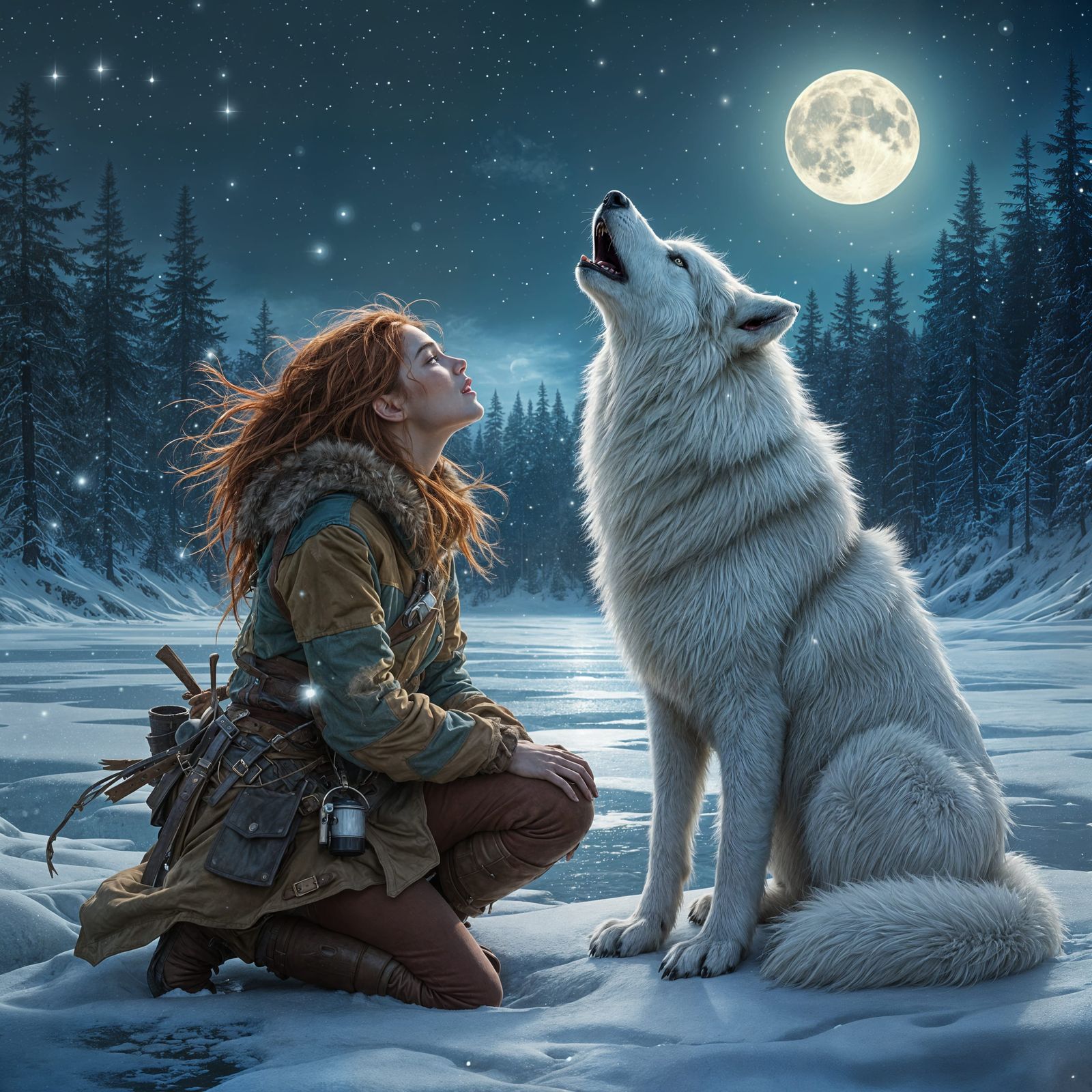 Girl and Wolf Howling at Moon in Winter Forest