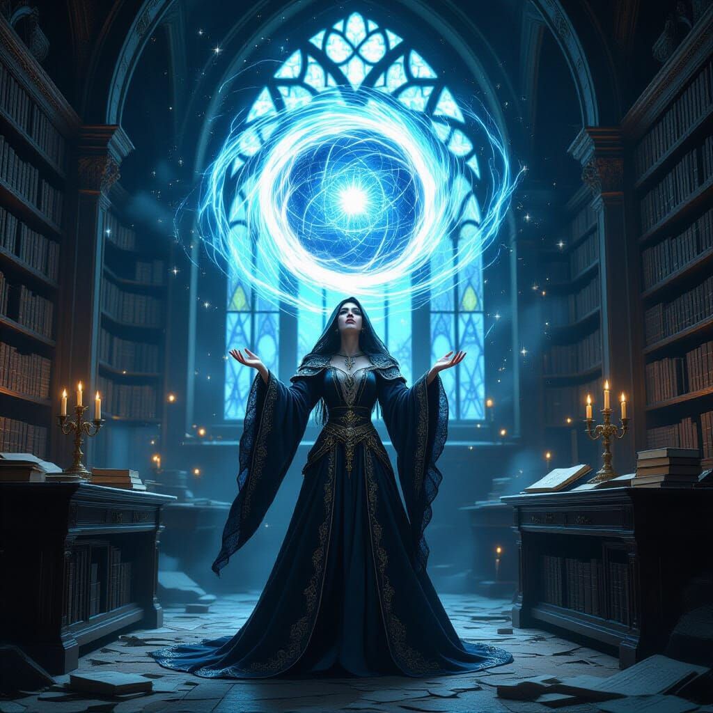 Sorceress Conjures Celestial Energy in Gothic Library