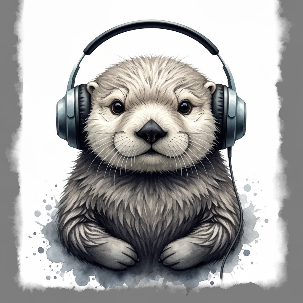 Adorable Otter in Watercolor, Listening to Music