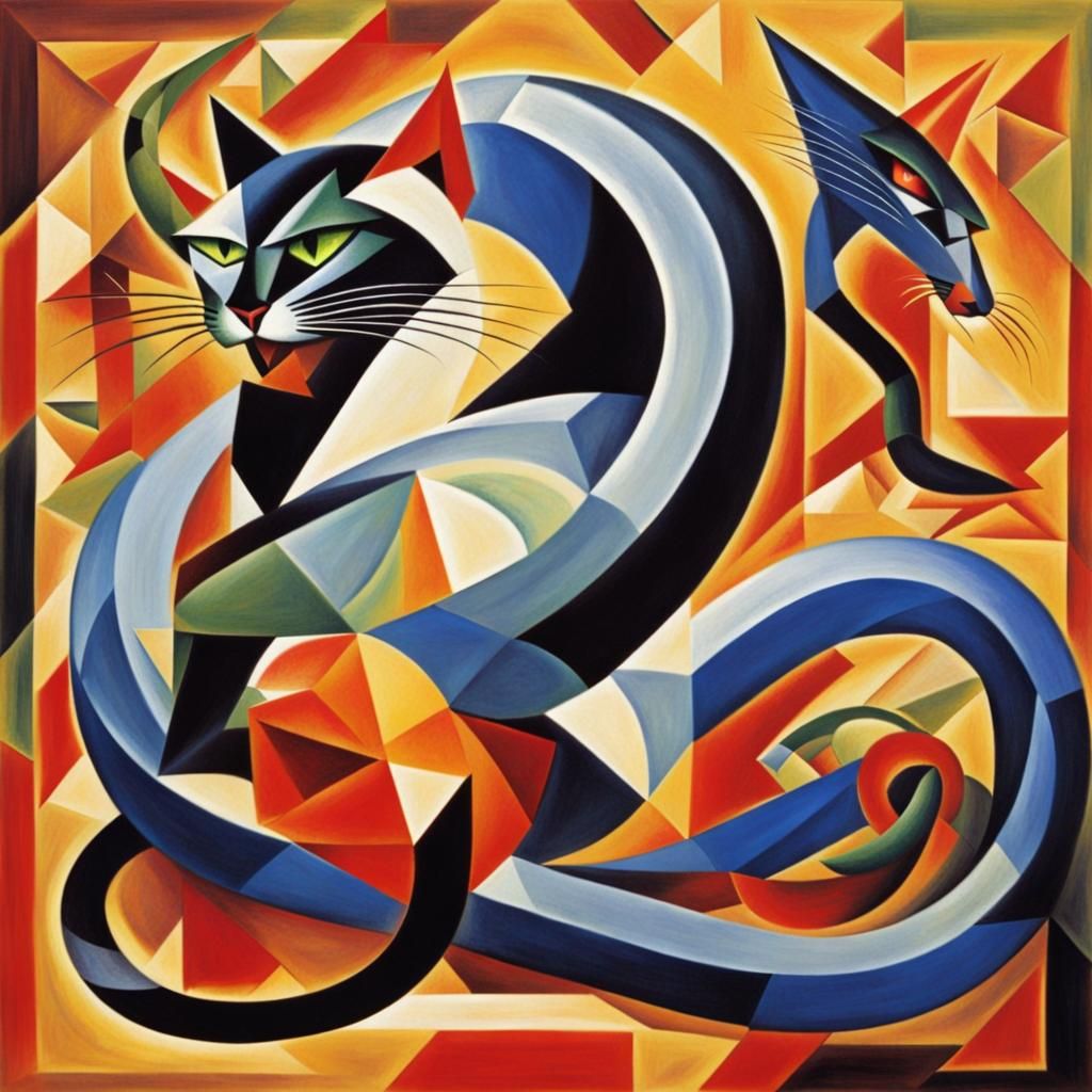 Siamese Cat Attacks Rattlesnake in Cubist Style