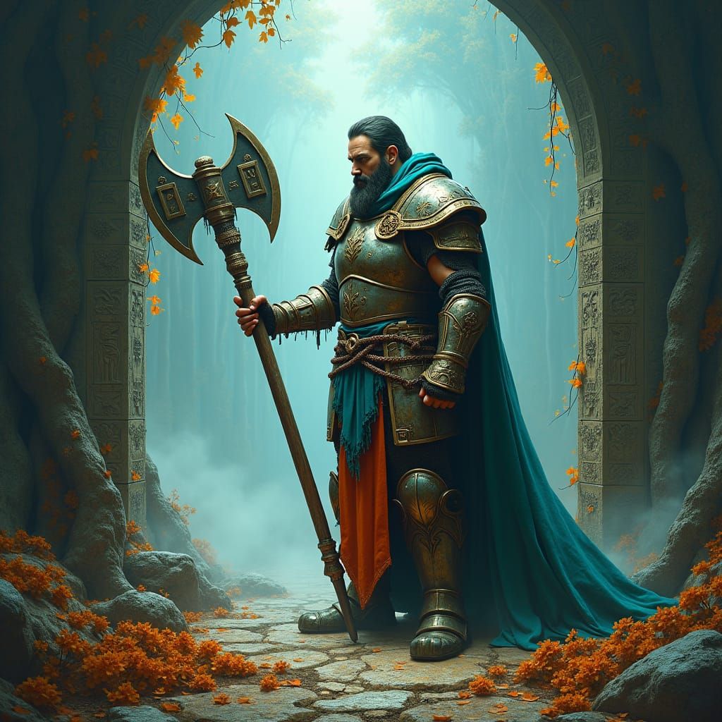 Battle-Hardened Warrior Gazing at Reflection