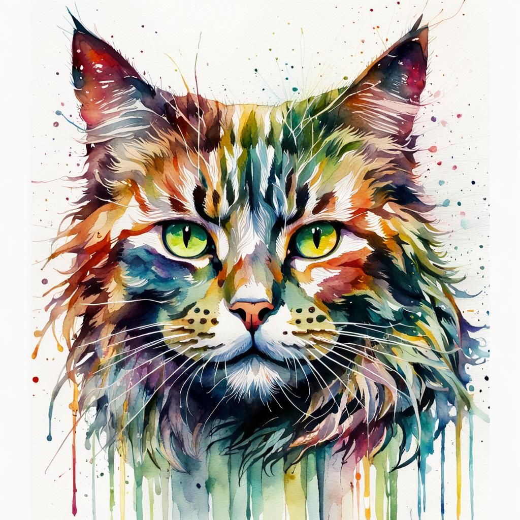 Rainbow Cat in Flowing Watercolor Style