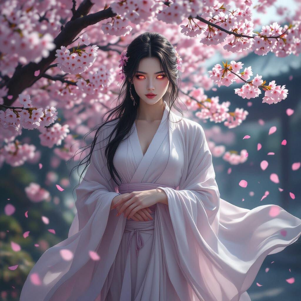 Ethereal Woman in Silk Robes Among Cherry Blossoms