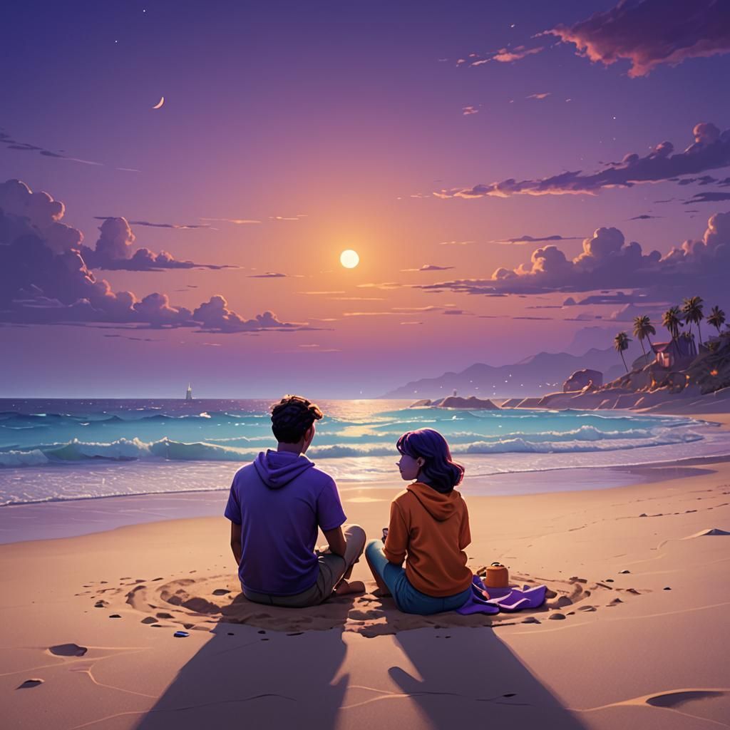 Couple on Beach at Dusk in 3D Digital Art